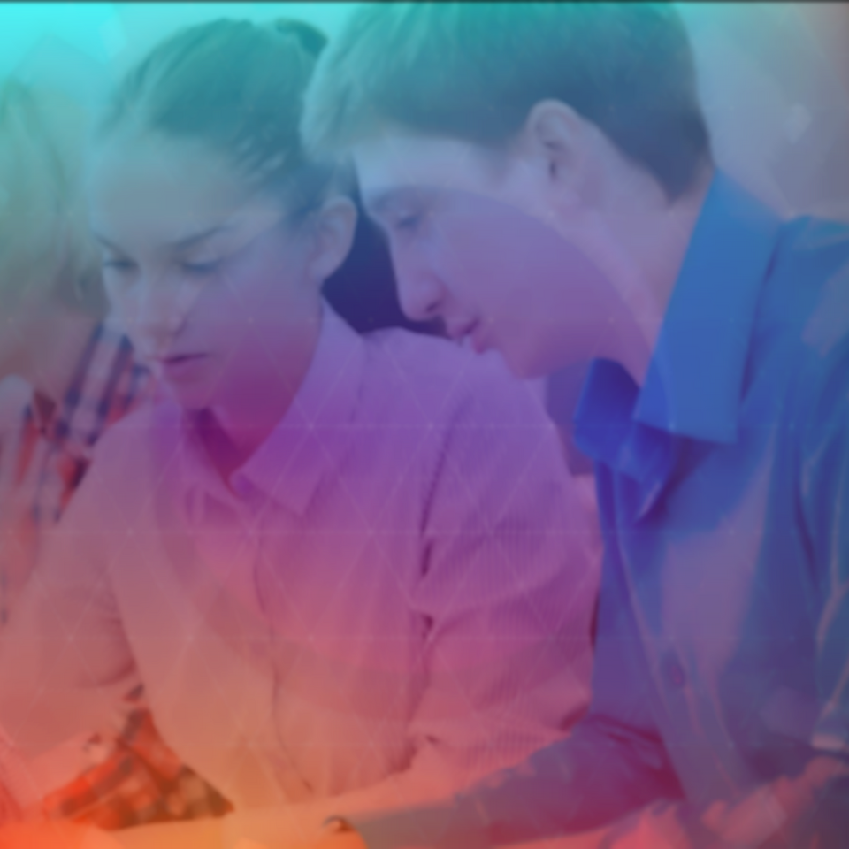 Student Opportunities Colleagues collaborating together at a desk with overlaid digital graphics